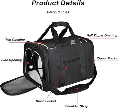 Petmolico Cat Carrier Dog Carrier, Airline Approved Soft Pet Travel Carrier with 3 Open Doors Mesh Windows for Cats Puppy 16 lbs, Black