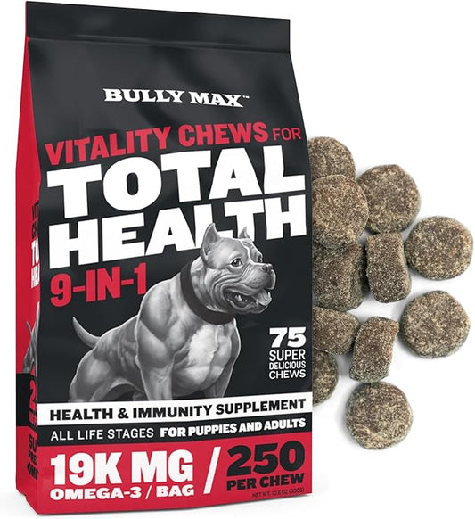 Bully Max 9-in-1 Total Health Dog Chews - Puppy & Adult Dog Multivitamin - Omega 3 Vitamin Supplements for Immunity, Brain, Heart, Joint & Digestive Health for All Breeds - 75 Soft Chews per Bag