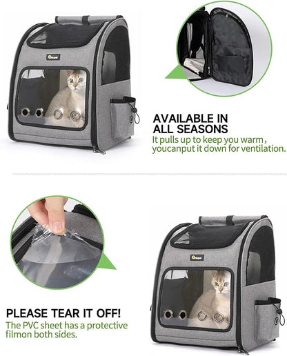 HOOPET Cat Backpack Carrier, Small and Medium Dogs and Cats Bags,Expandable Pet Carrier Backpack,Airline Approved,Suitable for Hiking/Travel/Camping, Etc, Foldable, Easy to Carry (Grey-01)