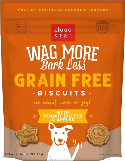 Cloud Star Wag More Bark Less - Dog Treats - Crunchy Biscuits - Grain Free Peanut Butter & Apples - 2.5 lb Pouch