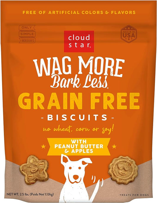 Cloud Star Wag More Bark Less - Dog Treats - Crunchy Biscuits - Grain Free Peanut Butter & Apples - 2.5 lb Pouch