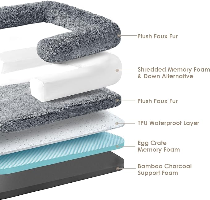 EHEYCIGA Foldable XL Dog Bed, Faux Fur Fluffy Dog Bed for Extra Large Dogs, Orthopedic Calming Memory Foam XL Dog Couch Bed, Washable Soft Warm Dog Sofa Bed with Non-Slip Bottom, Grey, 40"x30"x7"