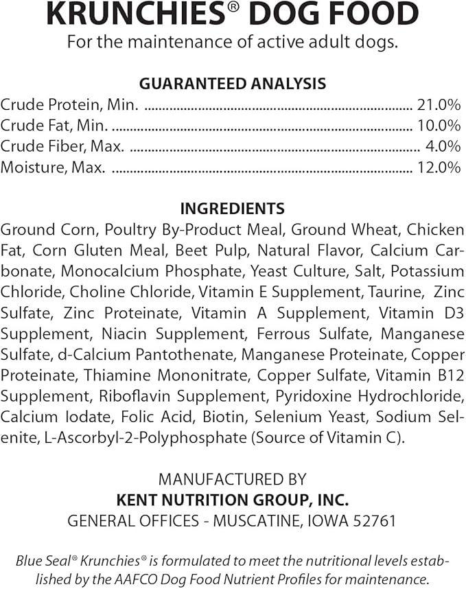 Blue Seal Krunchies Adult Dog Food | No Soy, No Artificial Colors or Preservatives, Nutritionally Complete with Added Vitamins and Minerals | 25 Pound Bag