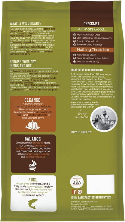 Solid Gold Sensitive Stomach Dog Food for Adult & Senior Dogs - Made with Real Quail, Chickpea & Pumpkin - Wild Heart Grain Free Dry Dog Food for Digestive Health and Immune Support
