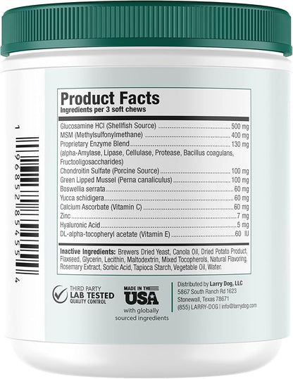 Dog Hip and Joint Supplement by Larry | Chondroitin, MSM, Hyaluronic Acid, & Glucosamine for Dogs | Dog Hip & Joint Care for All Breeds & Sizes | Dog Treats for Hip and Joint Health, (120 Soft Chews)