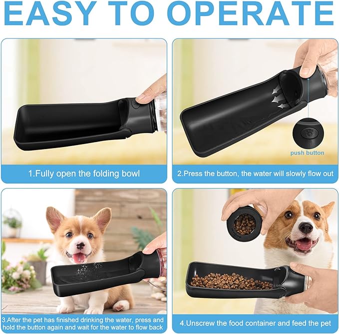 Dog Water Bottle with Food Container - Collapsible Portable Dog Water Dispenser Leak Proof Puppy Drinking Cup, Dog Travel Water Bowls Accessories for Pet Outdoor Walking Hiking (Black)
