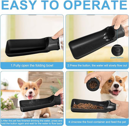 Dog Water Bottle with Food Container - Collapsible Portable Dog Water Dispenser Leak Proof Puppy Drinking Cup, Dog Travel Water Bowls Accessories for Pet Outdoor Walking Hiking (Black)