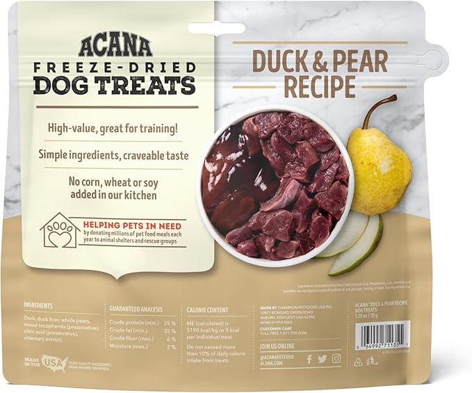 ACANA Singles Freeze Dried Dog Treats, Limited Ingredient Grain Free Duck & Pear Recipe, 1.25oz
