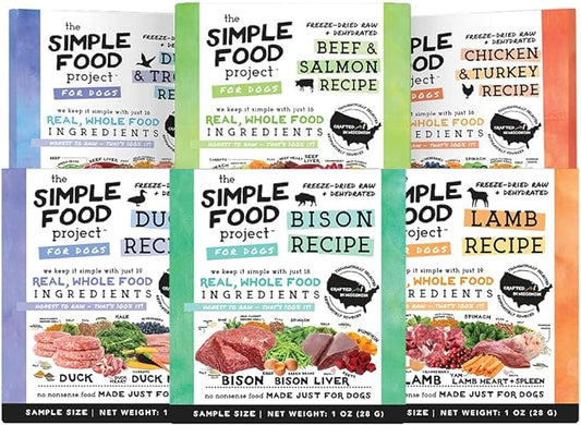 Simple Food Project The Freeze Dried Raw Dog Food Topper Featuring Organic Human Grade Ingredients [6 Pack Variety - 1oz Samples Bison, Duck, Lamb, Beef/Salmon, Duck/Trout, and Chicken/Turkey] …