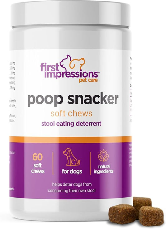 First Impressions Poop Snacker Soft Chews - Best Stool Eating Deterrent for Dogs, Coprophagia Deterrent for Dogs, Probiotics & Breath Freshener - Deterrent for Dogs Eating Poop - 60 ct