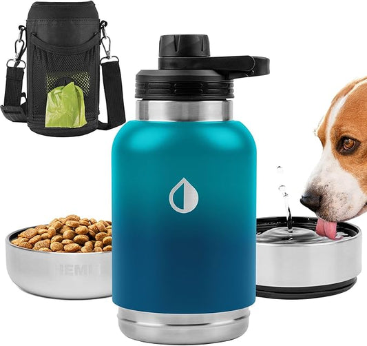 Dog Water Bottle Insulated Dog Travel Water Bottle Stainless Steel Pet Water Bottle Dispenser Portable Food and Water Bowl for Dogs with Carrying Case for Walking Dog Travel Kit… (Green Blue, 32 oz)