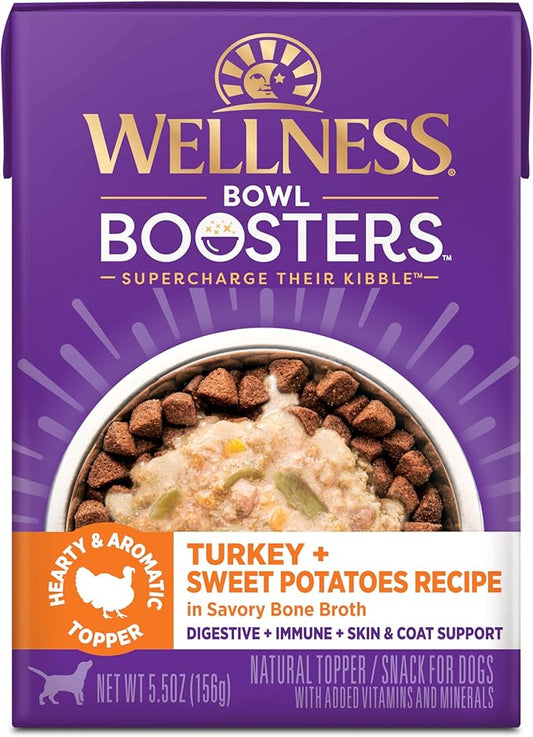 Wellness Bowl Boosters Hearty Toppers, Turkey & Sweet Potatoes Recipe in Savory Bone Broth Dog Food Toppers, 5.5 Ounce Pouch (Pack of 12)
