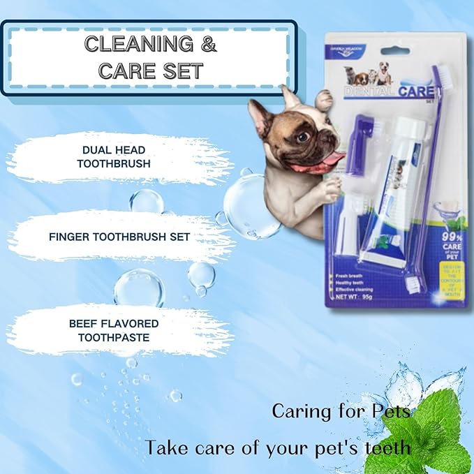 Pet Dog Dental Care Fresh Breath Kit with Dog Toothpaste, Dog Toothbrush and Finger Brush, Reduces Plaque & Cleans Tartar, Healthy & Clean Dog Teeth, Pet Toothpaste, Beef Flavor