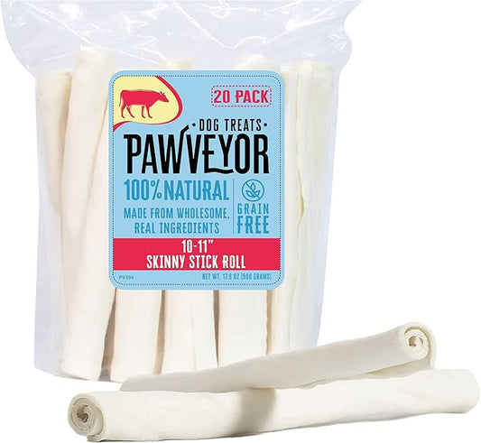 10-11" Skinny Stick Dog Rawhide Chews - Pack of 20 Long Lasting Rawhides for Dogs - All-Natural, Protein-Dense Beef Rawhide Bones for Small Dogs - Odor-Free and Great for Dental Health