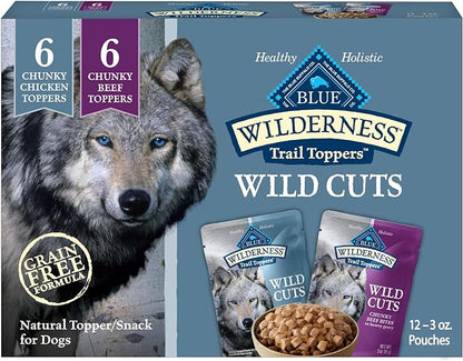Blue Buffalo Wilderness Trail Toppers Wild Cuts Wet Dog Food Variety Pack, High-Protein & Grain-Free, Made with Natural Ingredients, Chicken and Beef Flavors, 3-oz. Pouches, (12 Count, 6 of Each)
