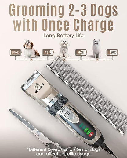 oneisall Dog Clippers Low Noise, 2-Speed Quiet Dog Grooming Kit Rechargeable Cordless Pet Hair Clipper Trimmer Shaver for Small and Large Dogs Cats Animals (Gold)