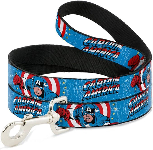 Buckle-Down Pet Leash - CAPTAIN AMERICA w/Action Pose Weathered Blue - 4 Feet Long - 1.5" Wide