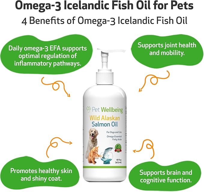 Pet Wellbeing Wild Alaskan Salmon Oil for Dogs & Cats - Daily Omega-3 Fish Oil for Healthy Skin, Coat, Mobility, Joints, Heart Health - EPA, DHA - 16 fl oz (473 ml)