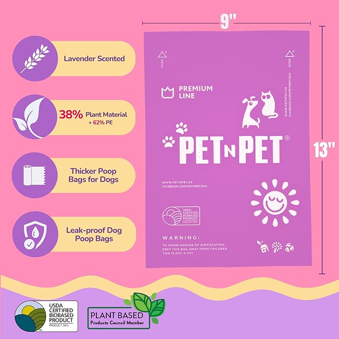 Pet N Pet Poop Bags for Dogs, 960 Counts Lavender Scented Dog Poop Bags, USDA Certified 38% Plant Based & 62% PE Dog Waste Bags, Doggie Poop Bags, Dog Poop Bags Rolls, Scented Poop Bags for Dogs