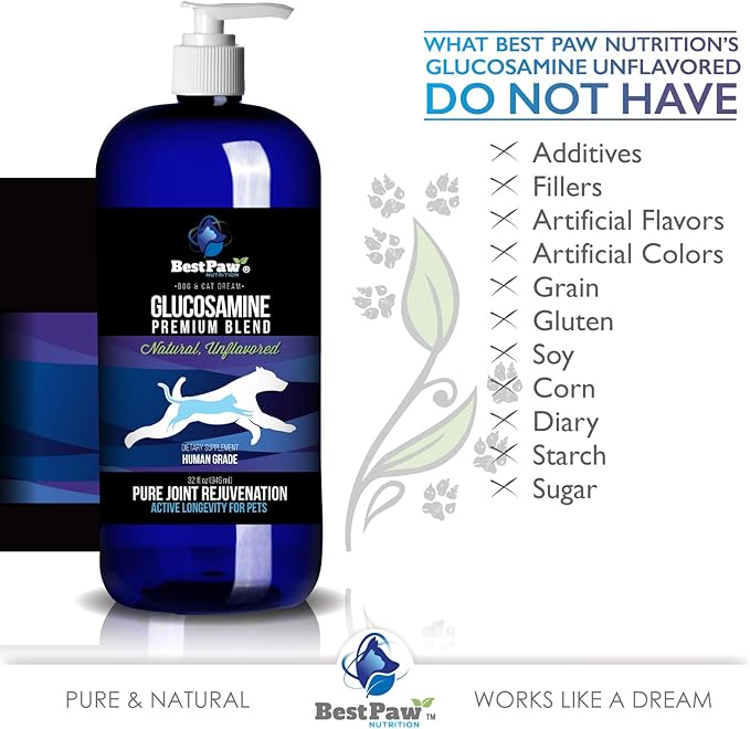 Best Paw Nutrition - Unflavored Liquid Glucosamine for Dogs & Cats - Chondroitin, MSM, Hyaluronic Acid - Dog Arthritis Home Remedy - Joint Supplement for Hip & Joint Pain Relief Pets Love - 32oz