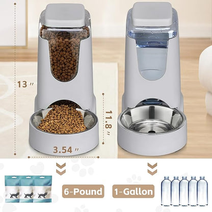 2 Pack Automatic Cat Feeder and Water Dispenser with Stainless Steel Dog Bowl Gravity Self Feeding for Small Medium Pets Puppy Kitten 1 Gallon x 2 (Pink) (grey)