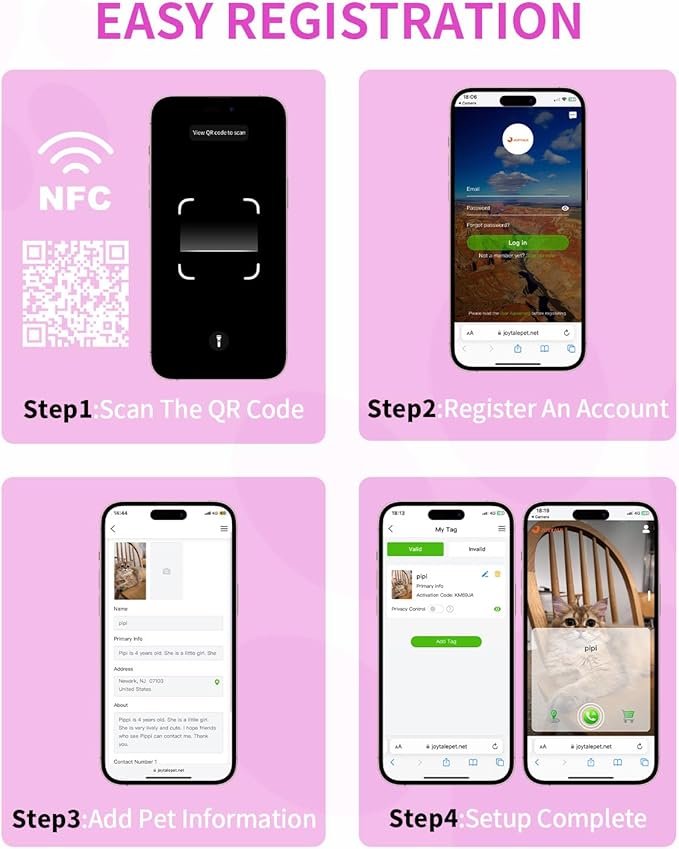 Joytale [ NO APP Required ] Silent Silicone QR Code Dog Tag, Slide On Dog Tags for 3/8-5/8 Inch Wide Collars or Vest, NFC Pet Online Profile, Scan QR to Send Location Alert Email, Purple, S