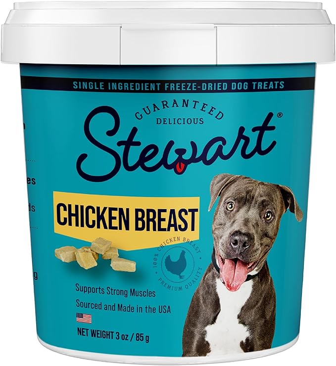 Stewart Freeze Dried Dog Treats, Chicken Breast, 3 oz, Grain Free & Gluten Free, Resealable Tub, Single Ingredient, training treat in Beef Liver, Salmon, Chicken Liver & Chicken Breast 4, 14, 21 oz