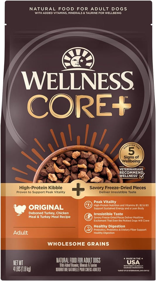 Wellness CORE+ Dry Dog Food with Wholesome Grains, Natural Ingredients, Made in USA with Real Freeze-Dried Meat (Adult, Turkey, 4 lbs)