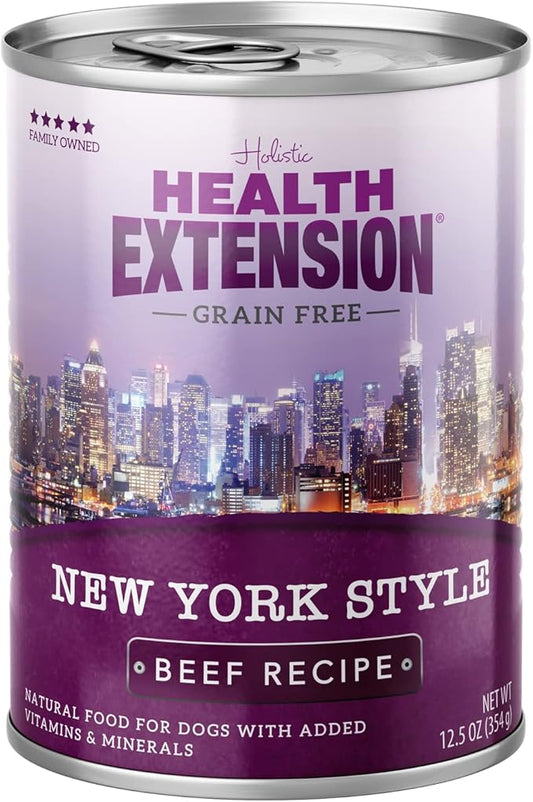 Health Extension Dog Food, New York Style Beef Recipe - 12.5 oz, Grain Free, Added Vitamins and Minerals, for All Life Stages, Vet Formulated, Improve Gut Health, Immune Support (Case of 12 Cans)