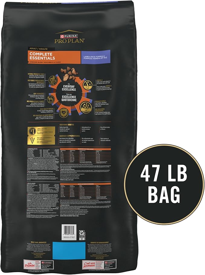 Purina Pro Plan High Protein Dog Food With Probiotics for Dogs, Shredded Blend Lamb & Rice Formula - 47 lb. Bag