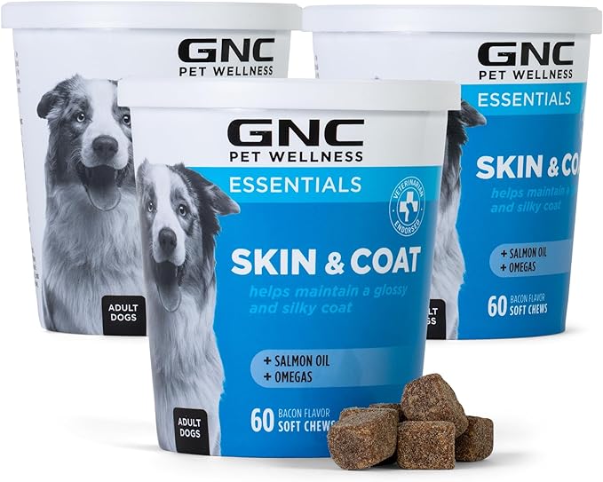 GNC Pets Essentials Skin & Coat Supplements for All Dogs, 60 Ct - 3 Pack | Skin & Coat Soft Chews for Dogs in Bacon Flavor | Dog Supplement with Salmon Oil, Omega Fatty Acids