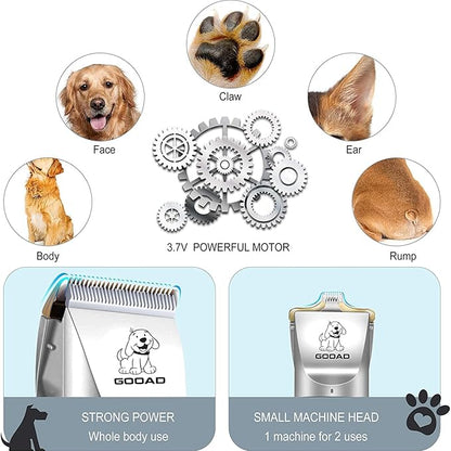 Dog Clippers Grooming Kit and Paw Trimmer,Cordless,Low Noise, Electric Quiet,Rechargeable, Dog Trimmer Grooming, Pet Hair Clippers for Thick Coats,Shaver for Small and Large Dogs Cats(Silver)