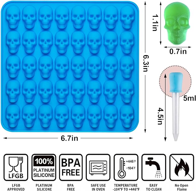 4Pcs Gummy Candy Molds, Gummy Bear Molds, Gummy Dinosaur Molds, Gummy Donut Molds and Gummy Hearts Molds, Non-stick Silicone Candy Molds with 2 Droppers (Skull)