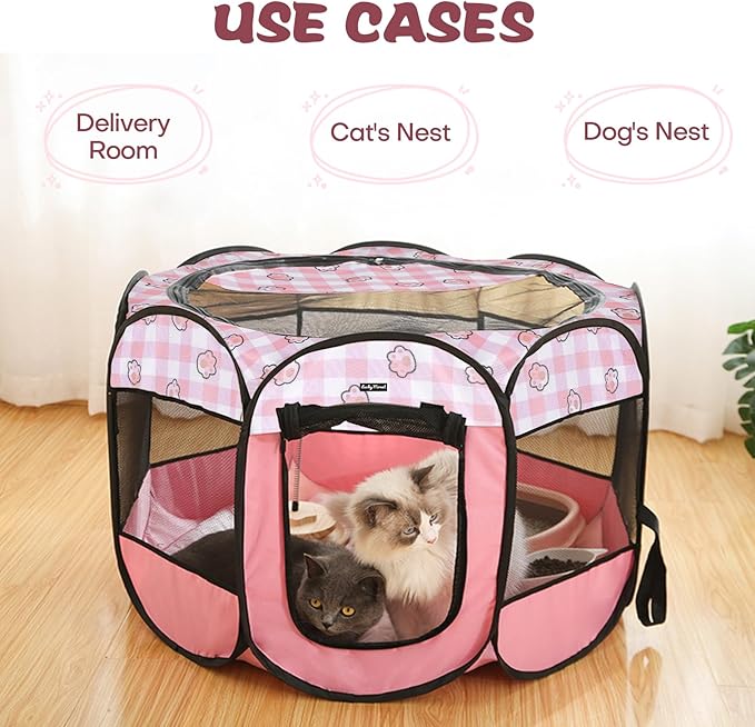 Foldable Dog Playpen Cat Puppy Playpen Indoor Pop Up Pet Animal Playpen Outdoor Kennel Cage Pen Tent for Small Medium Dog Puppy Cat Kitten Rabbit - Small, Pink