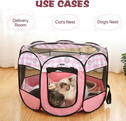 Foldable Dog Playpen Cat Puppy Playpen Indoor Pop Up Pet Animal Playpen Outdoor Kennel Cage Pen Tent for Small Medium Dog Puppy Cat Kitten Rabbit - Small, Pink