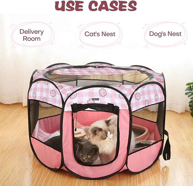 Foldable Dog Playpen Cat Puppy Playpen Indoor Pop Up Pet Animal Playpen Outdoor Kennel Cage Pen Tent for Small Medium Dog Puppy Cat Kitten Rabbit - Large, Pink