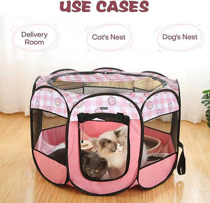 Foldable Dog Playpen Cat Puppy Playpen Indoor Pop Up Pet Animal Playpen Outdoor Kennel Cage Pen Tent for Small Medium Dog Puppy Cat Kitten Rabbit - Large, Pink
