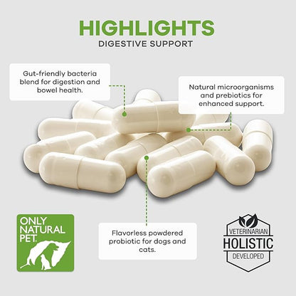 Only Natural Pet Probiotic Dog and Cat Supplement - Digestive & Intestinal Tract Health Enzyme Formula, Puppy & Canine Digestive Support, Best for Stomach Relief & Gas Aid - 90 Capsules.