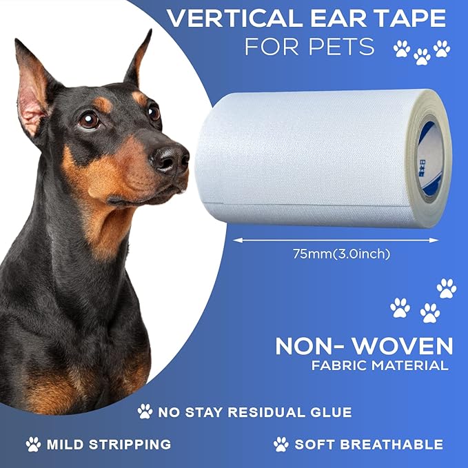Ear Tape for Dogs 1 Pack with Dog Ear Cleaner Cotton Swabs, Self Adhesive Cotton Tape for Dog Ear Protection and Support, Ear Care Set for Dogs (3.0 inch (75 mm))