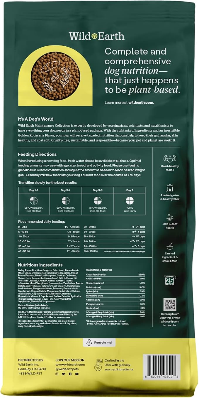 Wild Earth Vegan Dry Dog Food | Plant-Based Maintenance Formula | Vegetarian, Allergy Relief, Veterinarian-Developed for Complete Nutrition | Golden Rotisserie Flavor, 5 Pound Bag
