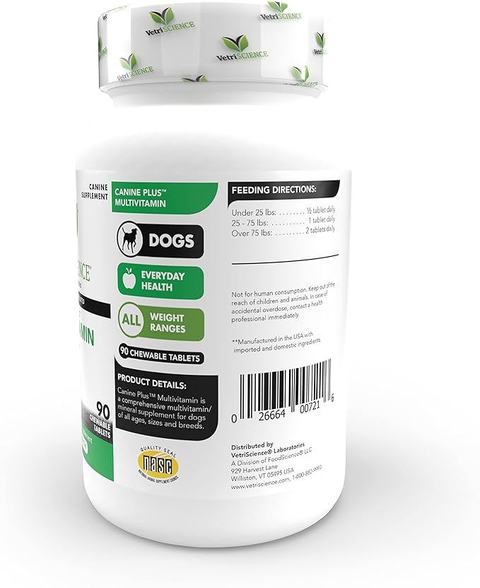VETRISCIENCE Canine Plus MultiVitamin for Dogs - Vet Recommended Vitamin Supplement - Supports Mood, Skin, Coat, Liver Function, 90 Tablets