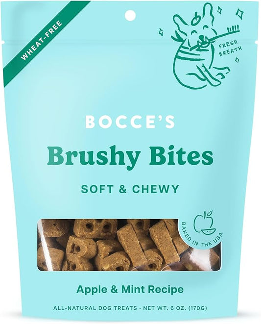 Bocce's Bakery Dailies Brushy Bites Dog Treats for Wellness Support, Wheat-Free Dog Treats, Made with Real Ingredients, Baked in The USA, All-Natural Soft & Chewy, Apple & Mint Recipe, 6 oz