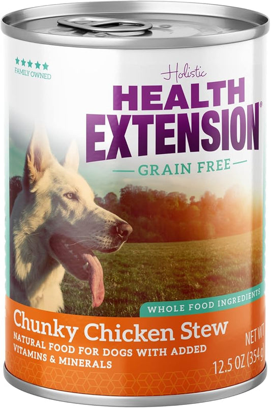 Health Extension Wet Dog Food Canned, Gluten & Grain-Free, Natural Food for All Puppies & Dogs with Added Vitamins & Mineral, Chucky Chicken Stew (12.5 Oz / 374 g) (Pack of 12)