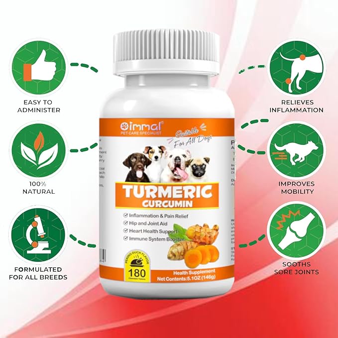 Tumeric and Curcumin for Dogs - 180 Count Tablet Treats – Helps Shedding, Skin Allergy, Itch and Dry Skin Relief, Hot Spots - Joint Health - Skin and Coat Supplement - Salmon Oil - Duck Flavor