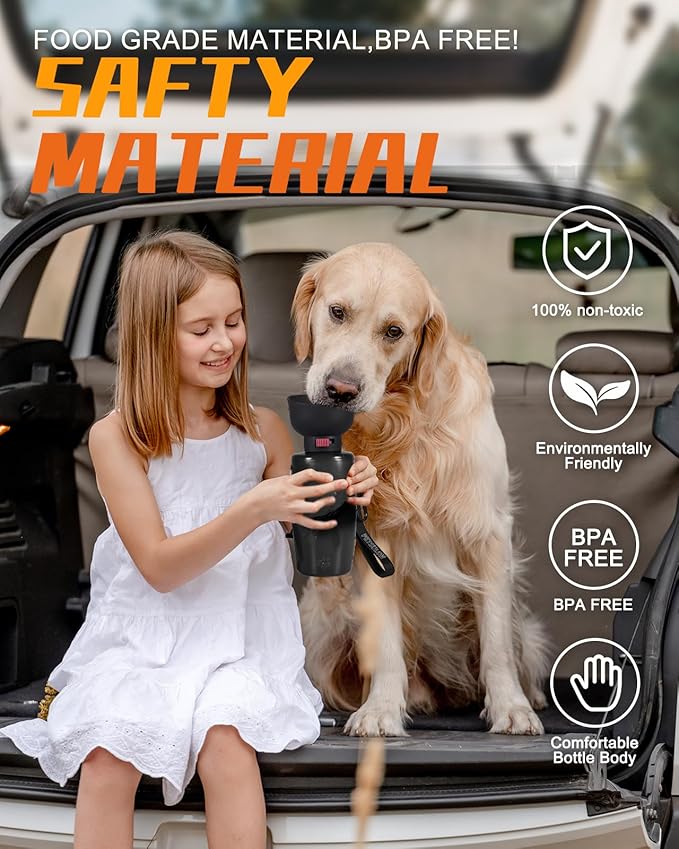 Dog Water Bottle with Bowl, 28 oz Portable Dog Water Dispenser, Pet Water Bottle for Small & Medium Dog, Travel Dog Water Bowl, Flippable Cup, Food Grade Material, Leak Proof, Black
