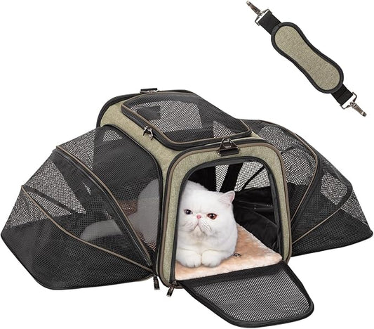 Petsfit Expandable Cat Dog Carrier Airline Approved, 17" L x 11" W x 11" H Soft-Sided Portable Pet Travel Carrier for Kitten, Puppy, Removable Soft Plush Mat and Pockets, Auto-Locking Zippers