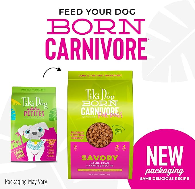 Tiki Dog Born Carnivore for Dogs, Savory Lamb, Peas & Lentils Recipe, Grain Free Baked Kibble for Maximum Nutrition, For Adult Dogs and All Size Breed Dogs, 3.5 lbs. Bag