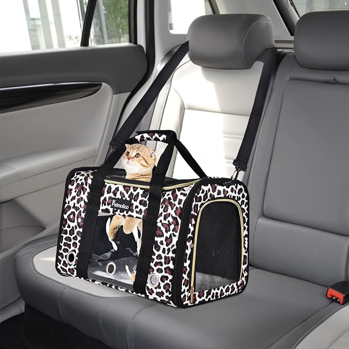 Petmolico Cat Carrier Dog Carrier, Airline Approved Soft Pet Travel Carrier with 3 Open Doors Mesh Windows for Cats Puppy 16 lbs, Leopard
