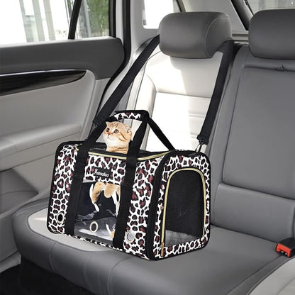Petmolico Cat Carrier Dog Carrier, Airline Approved Soft Pet Travel Carrier with 3 Open Doors Mesh Windows for Cats Puppy 16 lbs, Leopard