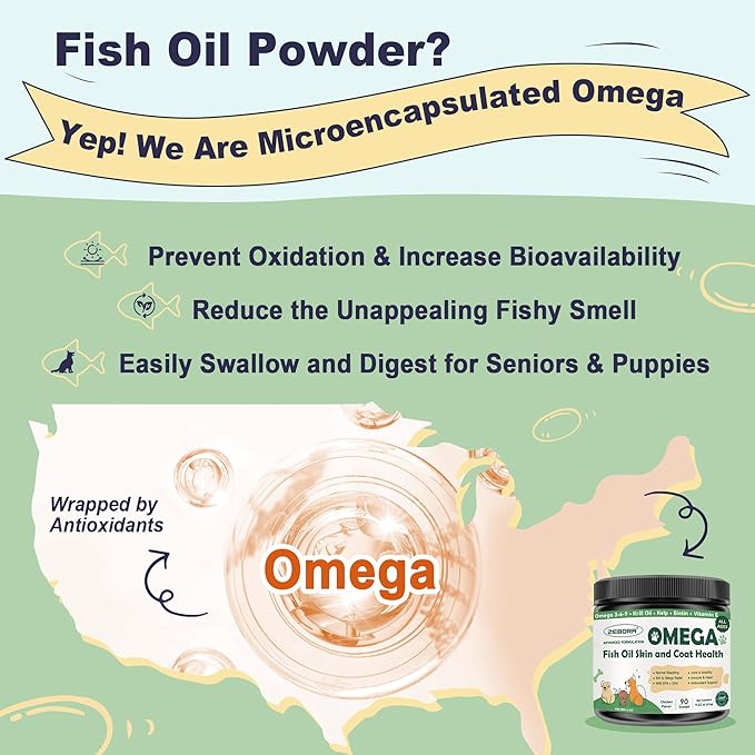 Omega 3 Fish Oil for Dogs, Dog Fish Oil Powder, Wild Caught Fish Oil, EPA&DHA, Krill Oil, Kelp, Dog Skin and Coat Supplement, Anti Itch & Shedding, Support Dry Skin, Joint Health, 88 Servings